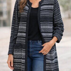 Talbots Metallic Striped Open Front Tweed Sweater Cardigan Black Sz MP